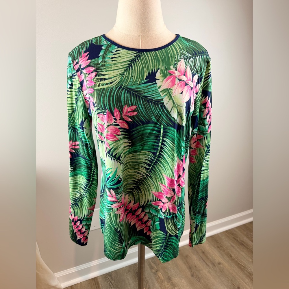Lands' End Tropical Green and Pink Long Sleeve Tee
